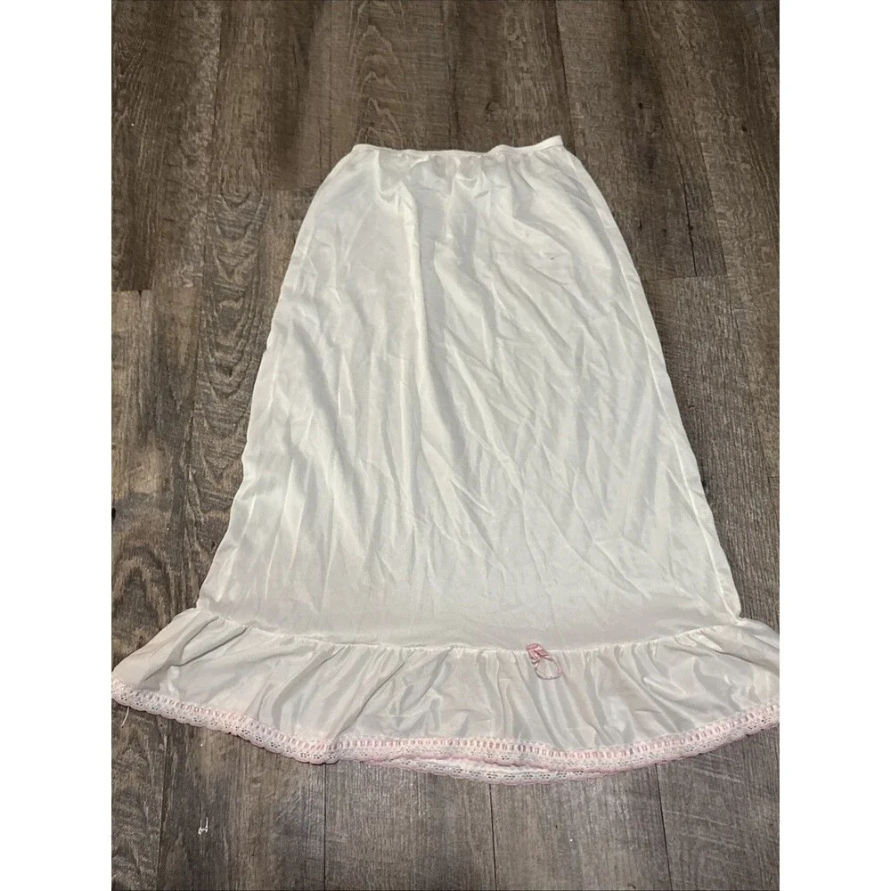 Vintage White Maxi Half Slip Skirt Pink Lace Ruffle Hem Coquette Flawed